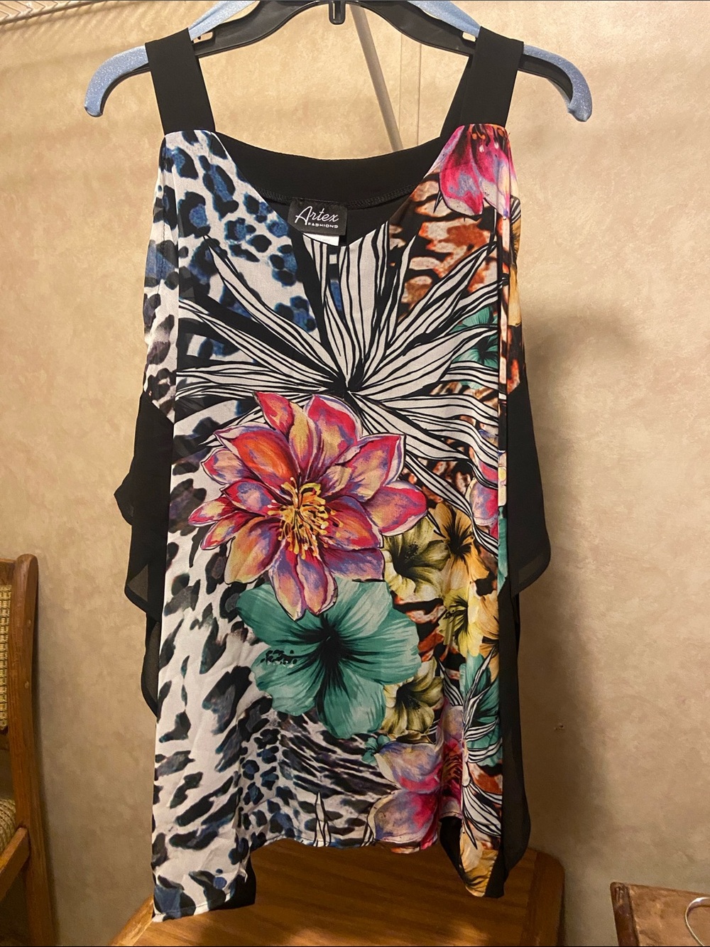 AriTex Multicolor Floral & Animal Print Sleeveless Camisole with tank-Black Trim